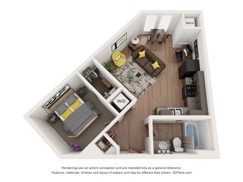 Floor plan for 1 bed, 1 bath, 587 sqft